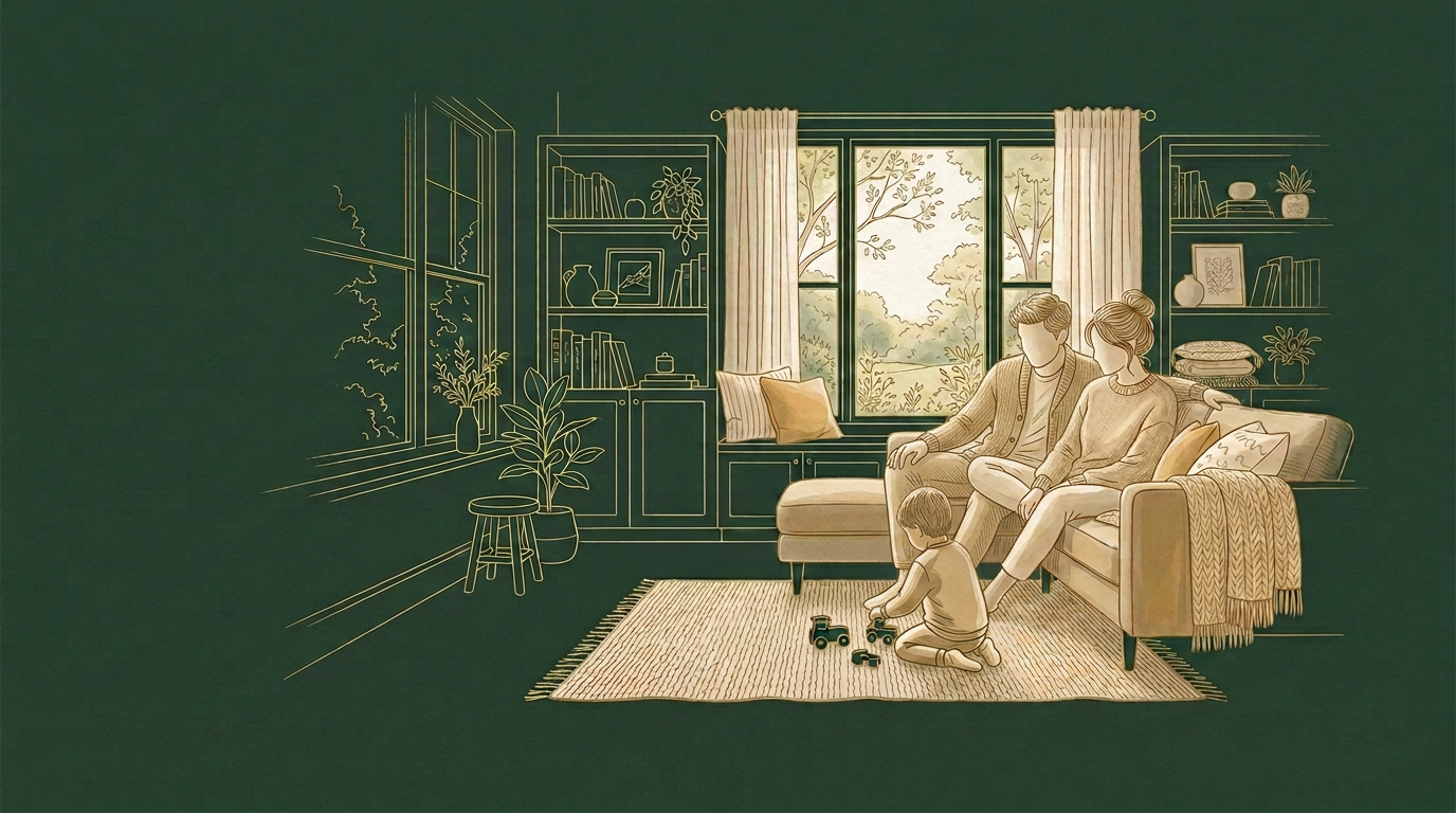 Line illustration of a family in a sunlit living room — two adults on a sofa and a child playing on the rug, framed by tall windows, bookshelves and house plants.