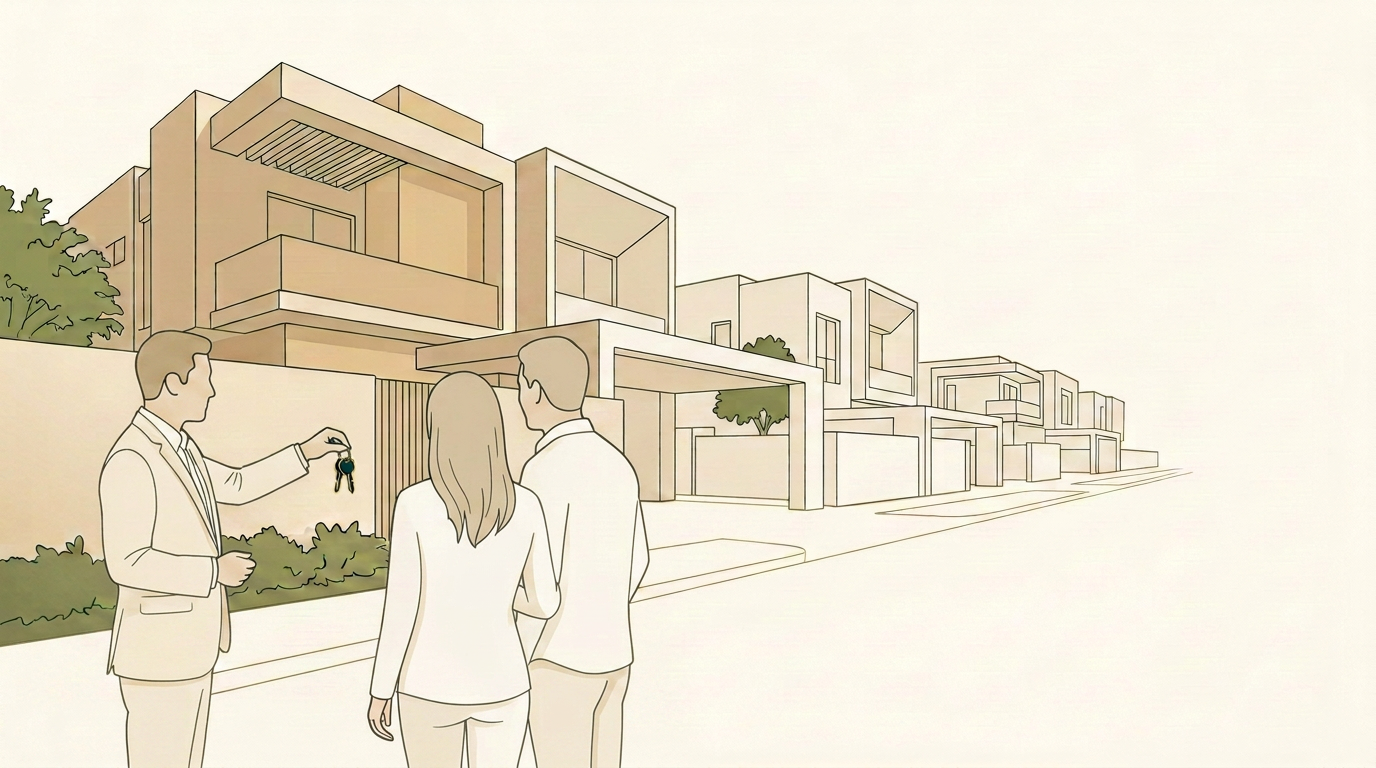 Line illustration of an estate agent in a suit handing keys to a couple standing in front of a modern multi-storey house.